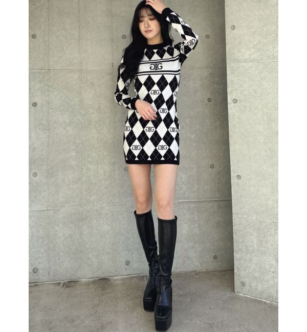 GYDA「アーガイルSymmetry GYDAタイトニットワンピース」|ワンピース|