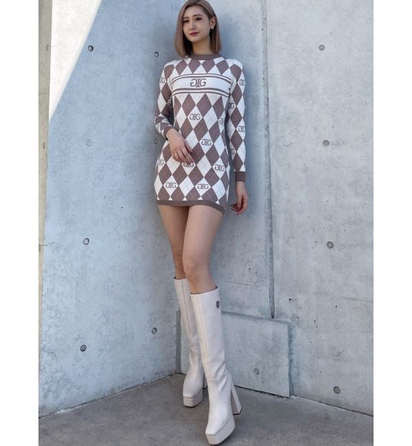 GYDA「アーガイルSymmetry GYDAタイトニットワンピース」|ワンピース|