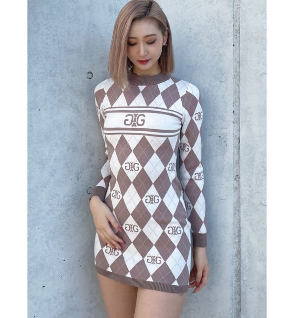 GYDA「アーガイルSymmetry GYDAタイトニットワンピース」|ワンピース|ベージュ