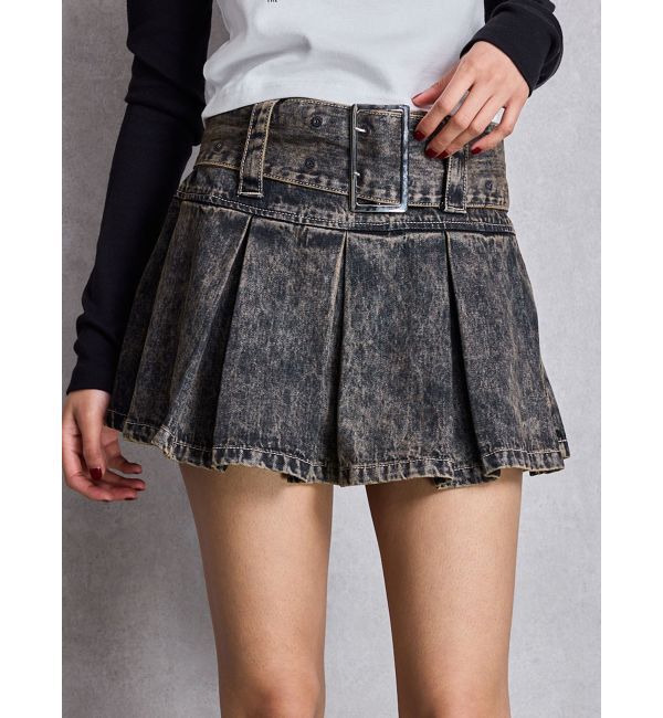 GYDA「ハイウエストWIDE BELTプリーツデニムスカートライクショートパンツ」|スカート|