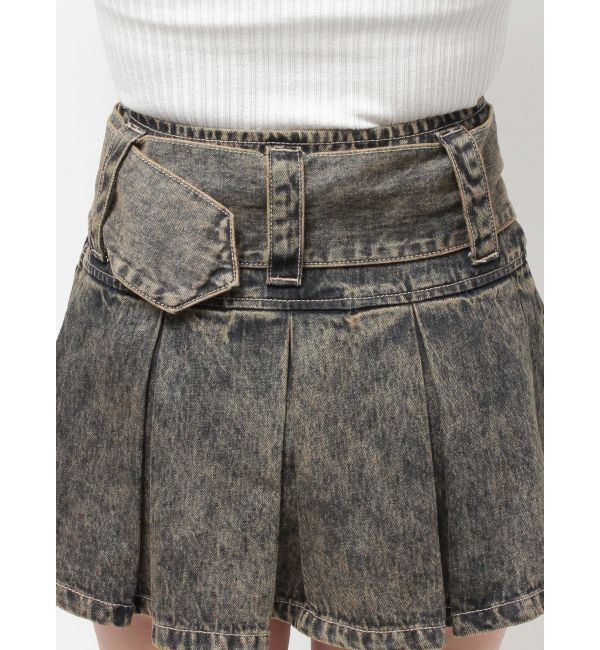 GYDA「ハイウエストWIDE BELTプリーツデニムスカートライクショートパンツ」|スカート|