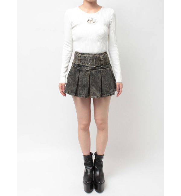 GYDA「ハイウエストWIDE BELTプリーツデニムスカートライクショートパンツ」|スカート|