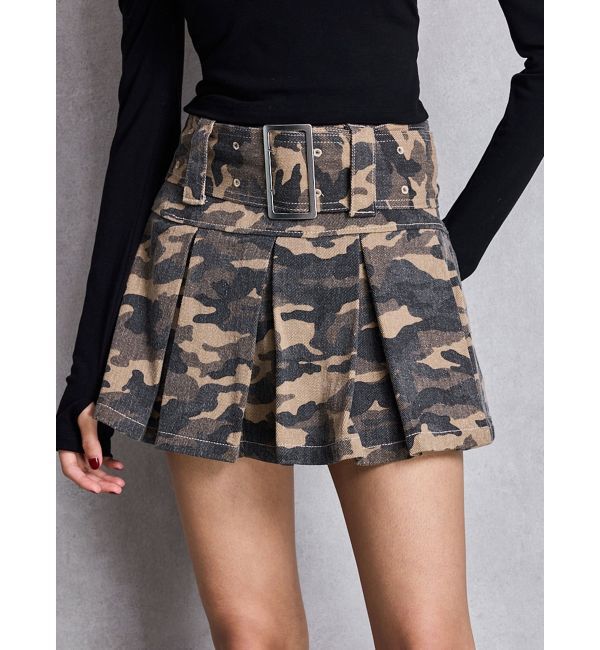 GYDA「ハイウエストWIDE BELTプリーツデニムスカートライクショートパンツ」|スカート|ミックス