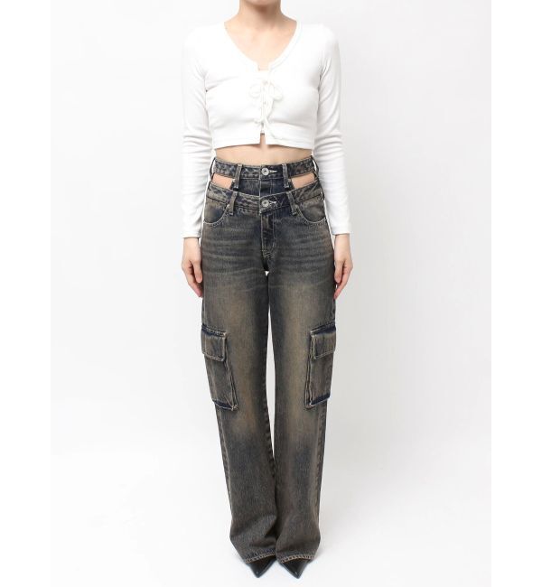 GYDA「ハイウエスト CUT OUT CARGOワイトデニムパンツ」|デニム|