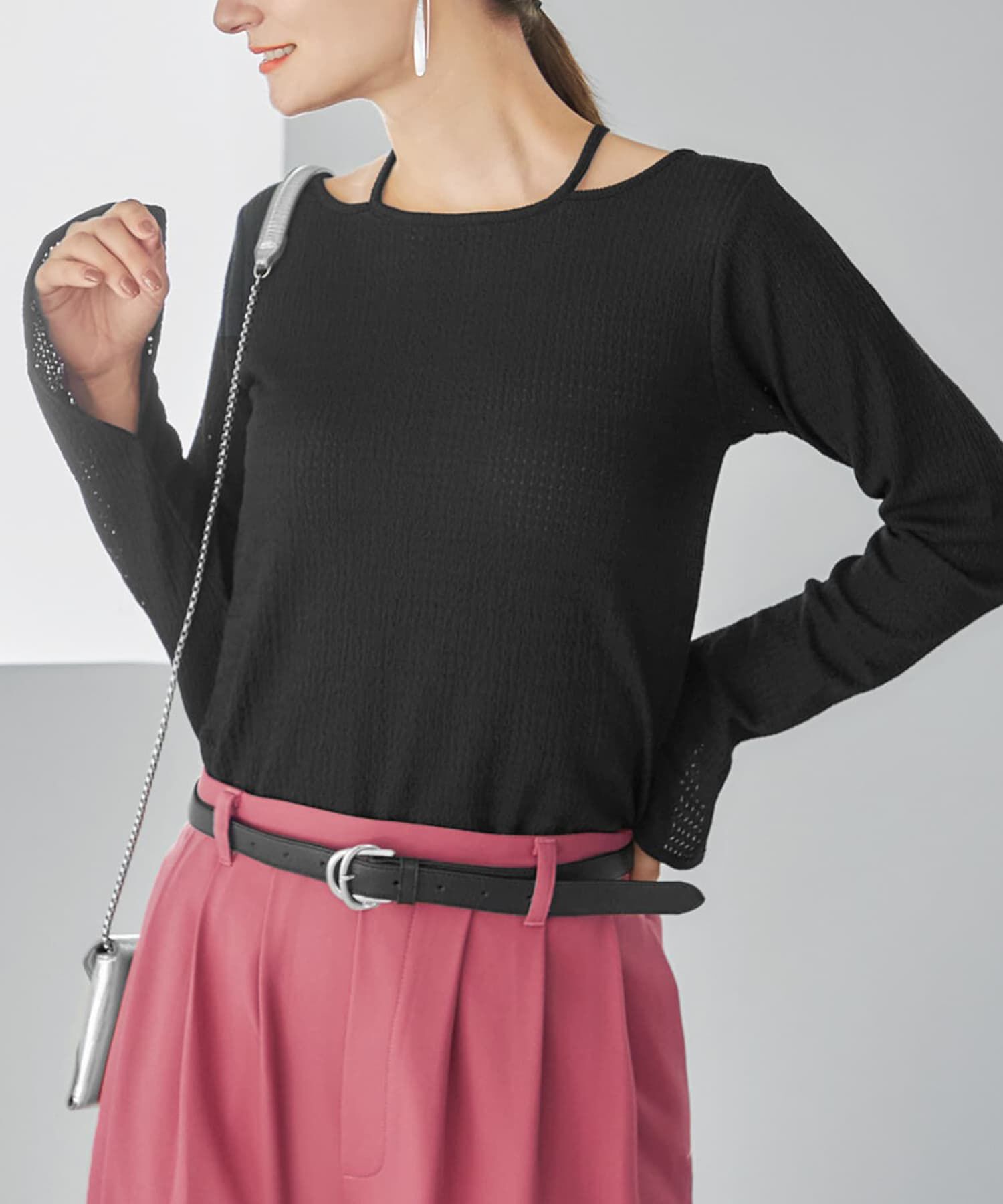 STYLE DELI「ホルターポイントラッセル編みカットソートップス」|Tシャツ・カットソー|ブラック