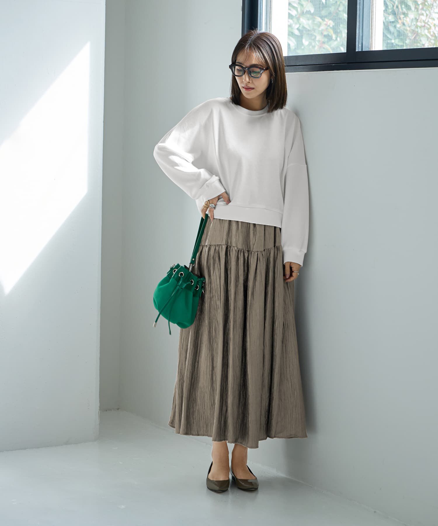 STYLE DELI「シャイニー切替ギャザースカート」|スカート|カーキ