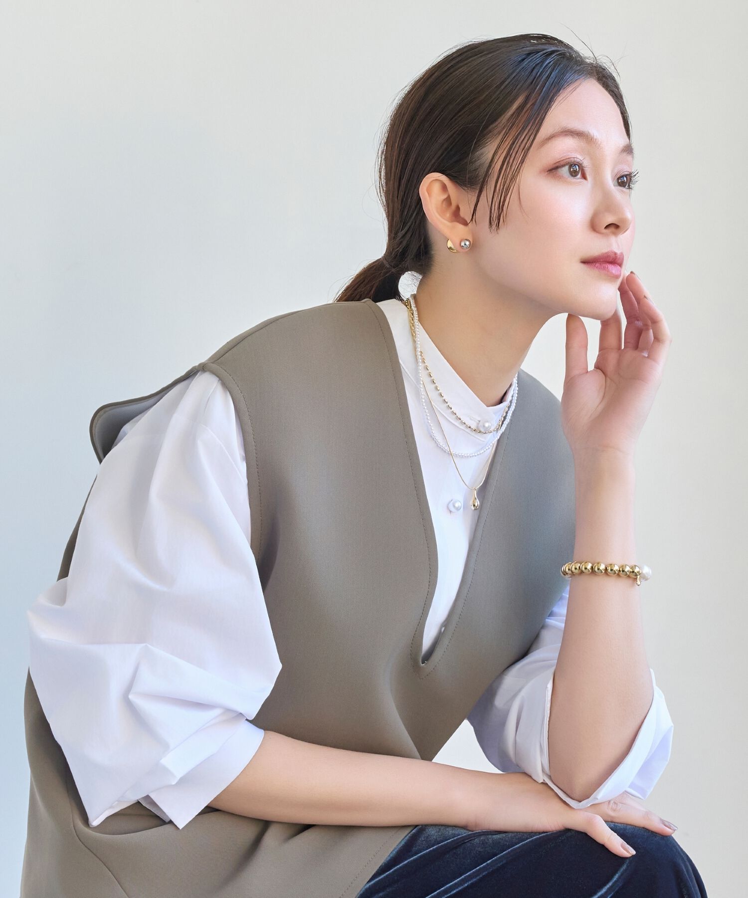 Phoebe「パール&times;ドロップメタル3連ネックレス　ゴールド」|ネックレス|