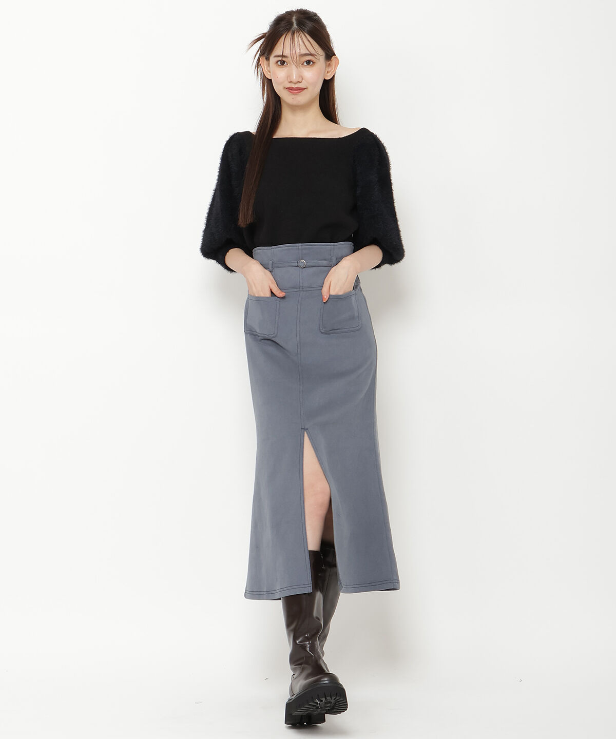 REDYAZEL「配色ステッチＡラインスカート」|タイト|ブルー