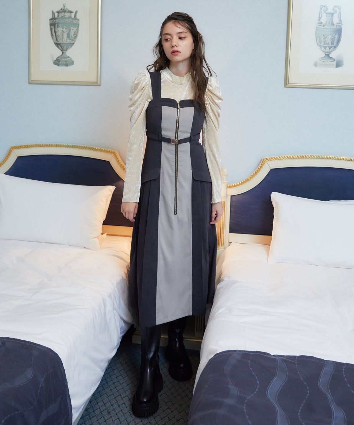 REDYAZEL「バイカラーサイドプリーツジャンパースカート」|ジャンパースカート|