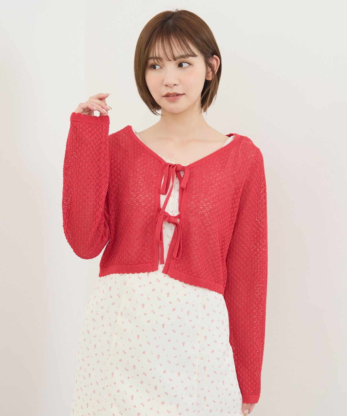 REDYAZEL「クロシェライクWリボンカーディガン」|カーディガン|レッド