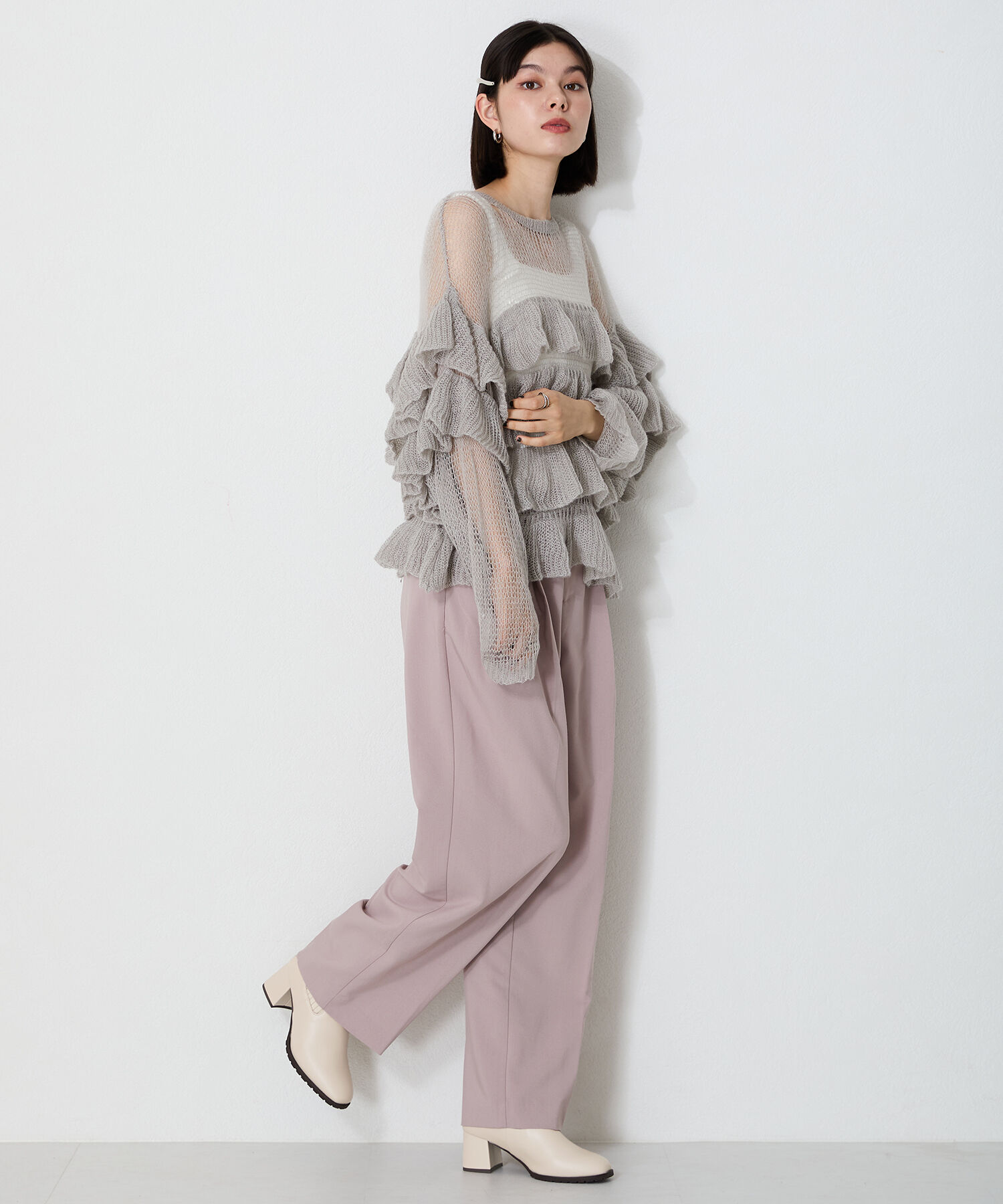 ORiental TRaffic「【 美脚 】スクエアトゥ ニット ヒール ブーツ /31403  足首柔らか ヒール6cm」|ショートブーツ|