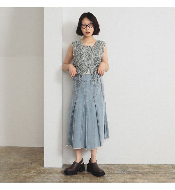 Ray BEAMS 「チェック ギャザー ノースリーブ ブラウス」|タンクトップ|