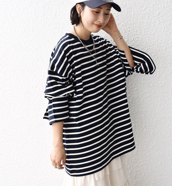 SHIPS for women「* 〈サイズが選べる〉2WAY ワイド スリーブ ボーダー プルオーバー◇」|Tシャツ・カットソー|ネイビー
