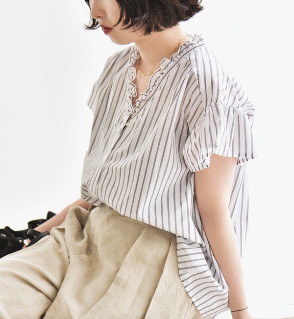 quaranciel「quaranciel:〈手洗い可能〉コットン フリルネック フレアスリーブ ブラウス」|シャツ・ブラウス|