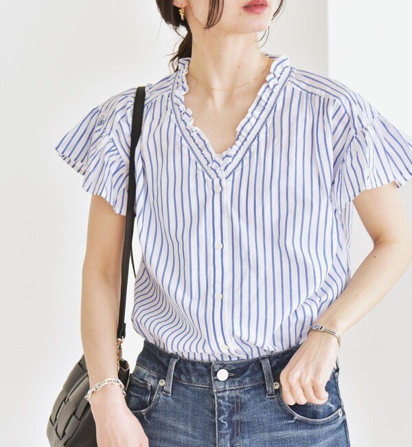 quaranciel「quaranciel:〈手洗い可能〉コットン フリルネック フレアスリーブ ブラウス」|シャツ・ブラウス|