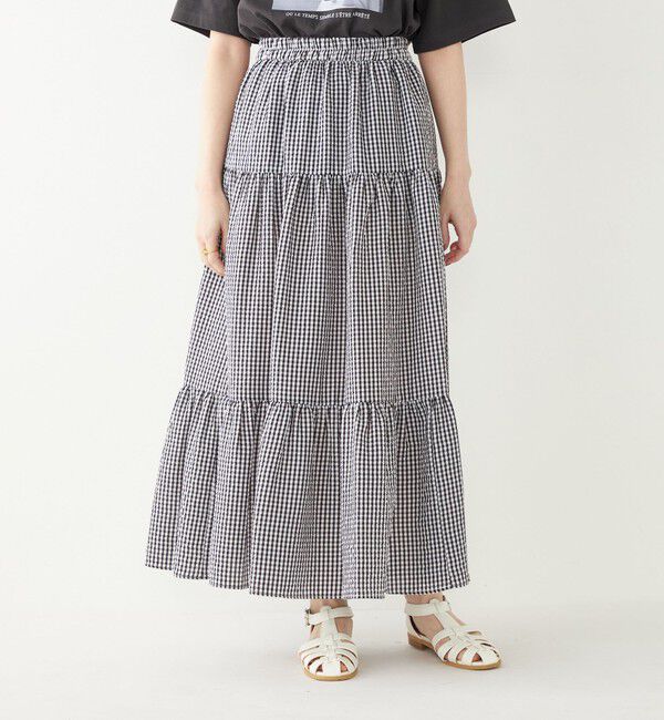 SHIPS Colors 「SHIPS Colors:〈手洗い可能〉ギンガムチェック ティアード スカート」|フレア|ブラック