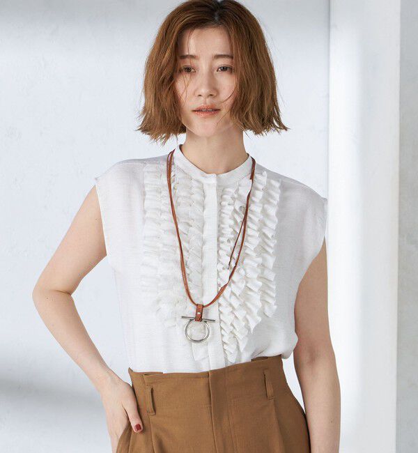 SHIPS for women「〈手洗い可能〉麻混 フロント フリル フレンチスリーブ ブラウス」|シャツ・ブラウス|