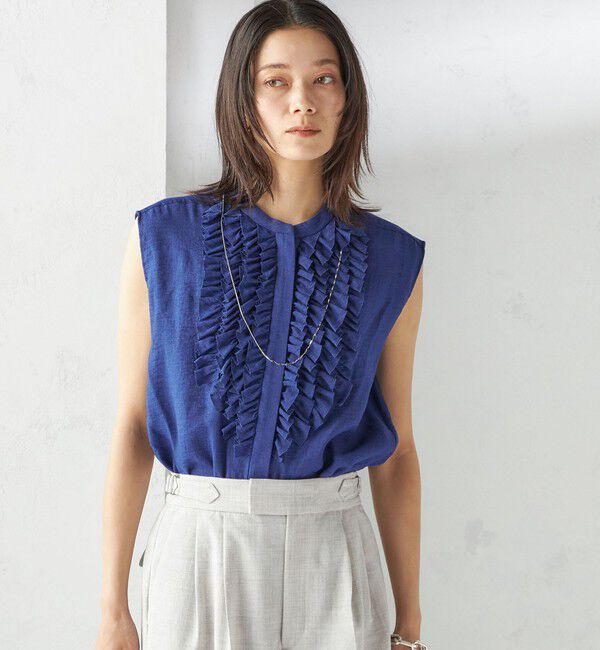 SHIPS for women「〈手洗い可能〉麻混 フロント フリル フレンチスリーブ ブラウス」|シャツ・ブラウス|