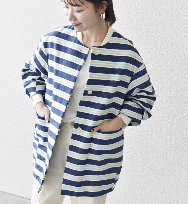 SHIPS any「SHIPS any:キャンバス ボーダー コクーン ノーカラー コート」|ノーカラーコート|ネイビー