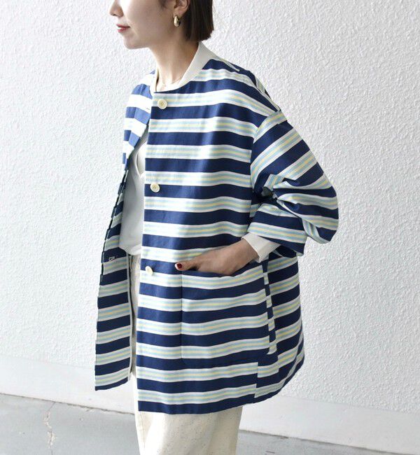 SHIPS any「SHIPS any:キャンバス ボーダー コクーン ノーカラー コート」|ノーカラーコート|