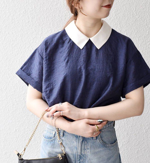 SHIPS any「SHIPS any:〈洗濯機可能〉フラワー ジャカード バイカラー プルオーバー シャツ」|シャツ・ブラウス|