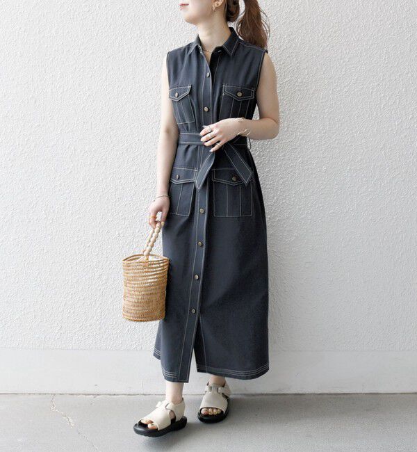 SHIPS any「SHIPS any:〈洗濯機可能〉オックス ステッチ ノースリーブ シャツ ワンピース」|ワンピース|