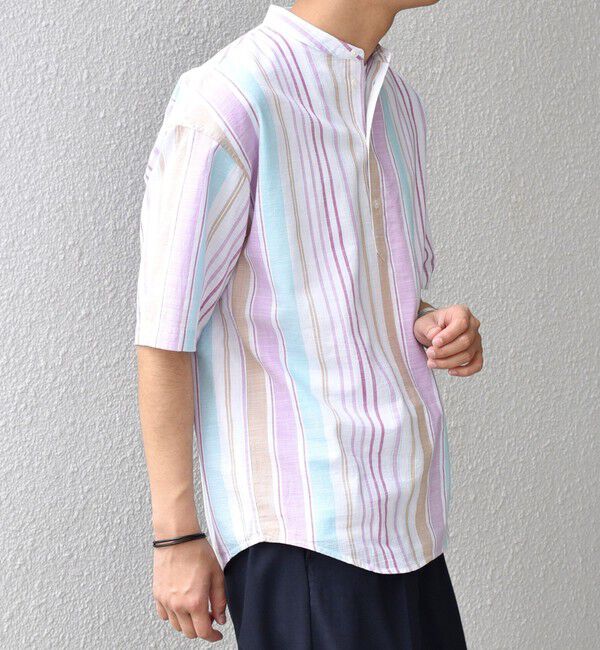 SHIPS any「SHIPS any: BEZ TEXTILE マルチカラー ストライプ/ソリッド バンドカラー プルオーバー シャツ◇」|シャツ・ブラウス|