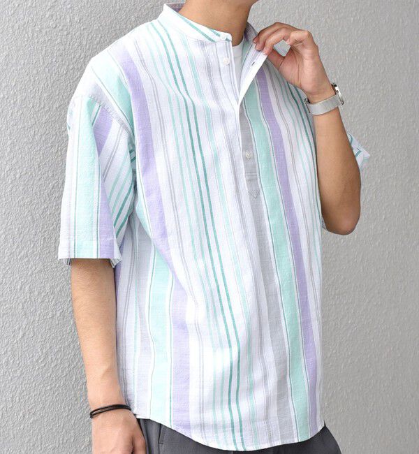 SHIPS any「SHIPS any: BEZ TEXTILE マルチカラー ストライプ/ソリッド バンドカラー プルオーバー シャツ◇」|シャツ・ブラウス|
