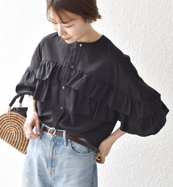 SHIPS any「SHIPS any:〈洗濯機可能〉ボイル フリル バンドカラー シャツ ブラウス 2」|シャツ・ブラウス|