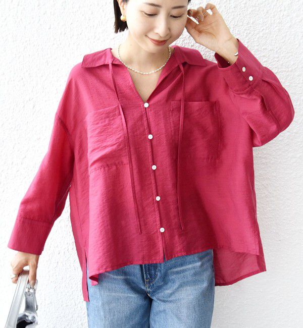 SHIPS for women「〈手洗い可能〉シアー シルク混 オープンカラー シャツ」|シャツ・ブラウス|ピンク系
