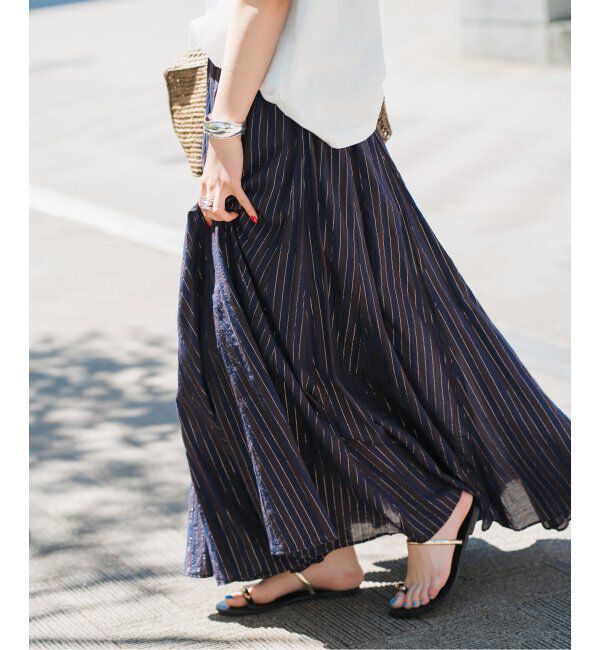 Spick and Span「HYU ストライプギャザーフレアスカート」|スカート|ブラウンベース