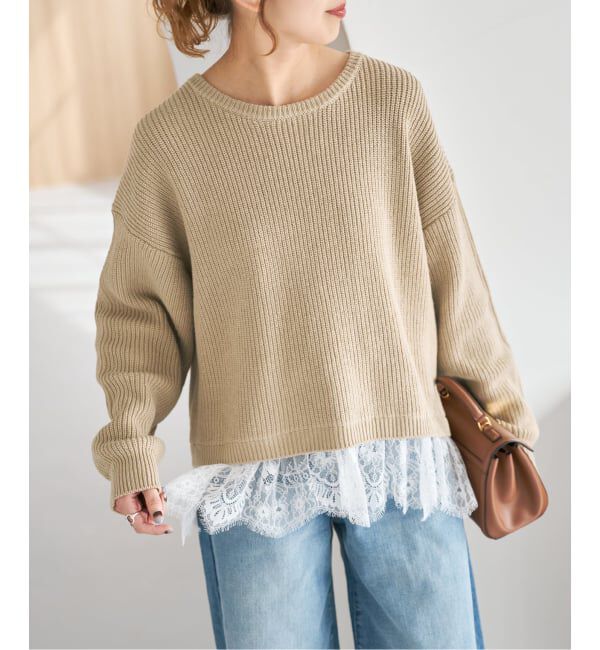 Spick and Span「《追加》レースドッキング畦ニットプルオーバー」|ニット・セーター|