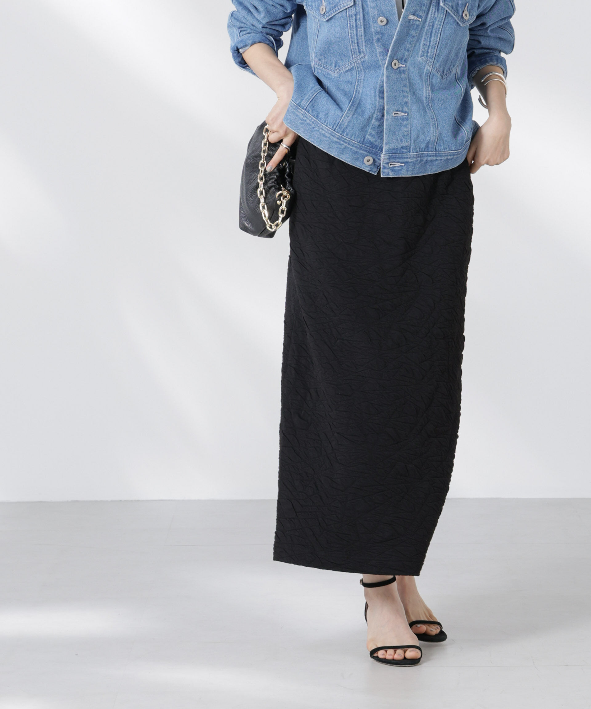 nano･universe「フクレジャガードカットナロースカート(セットアップ可)」|スカート|ブラック