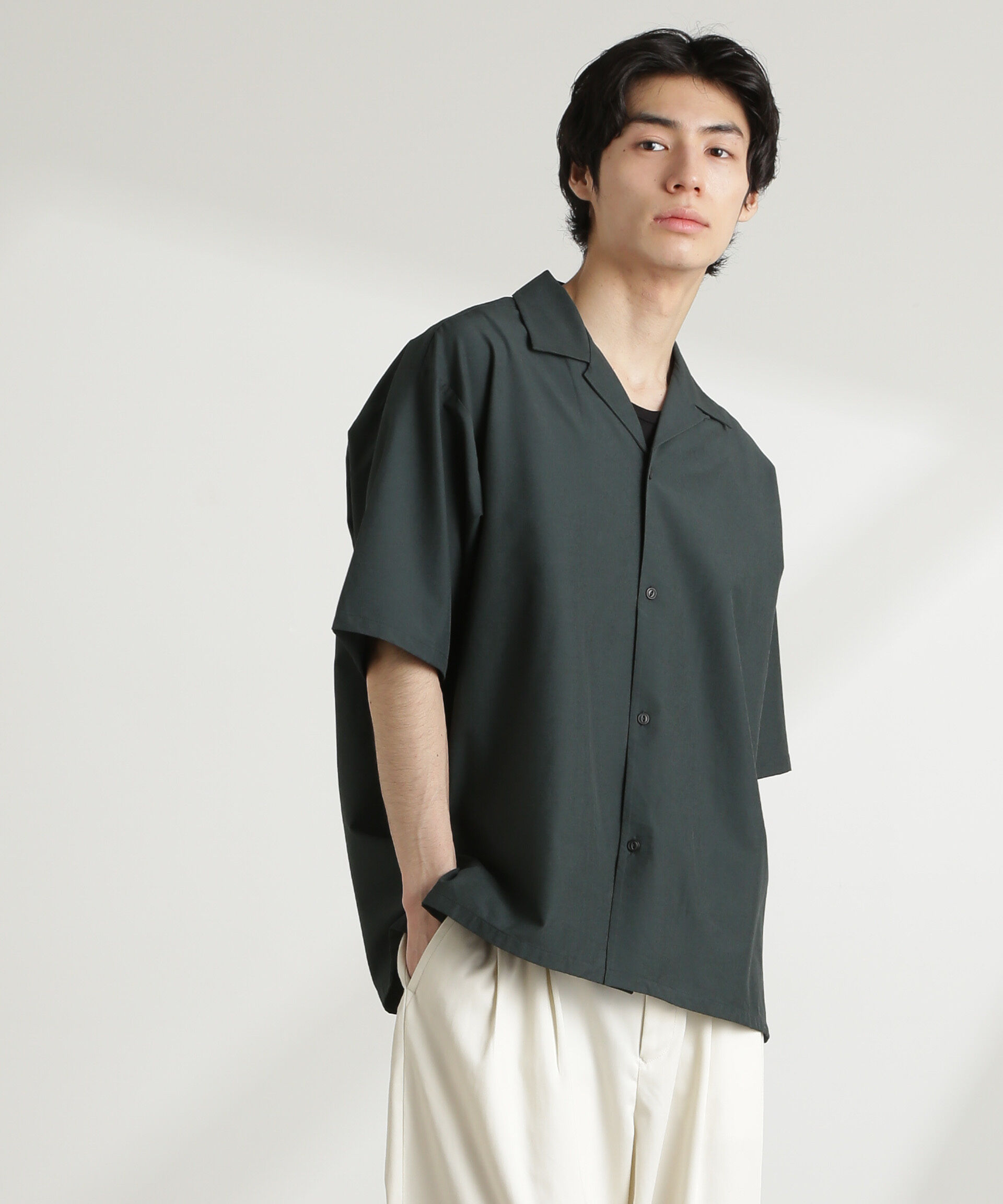 nano･universe「ストレッチワイドオープンカラーシャツ 半袖(セットアップ可)」|シャツ・ブラウス|D.グリーン1