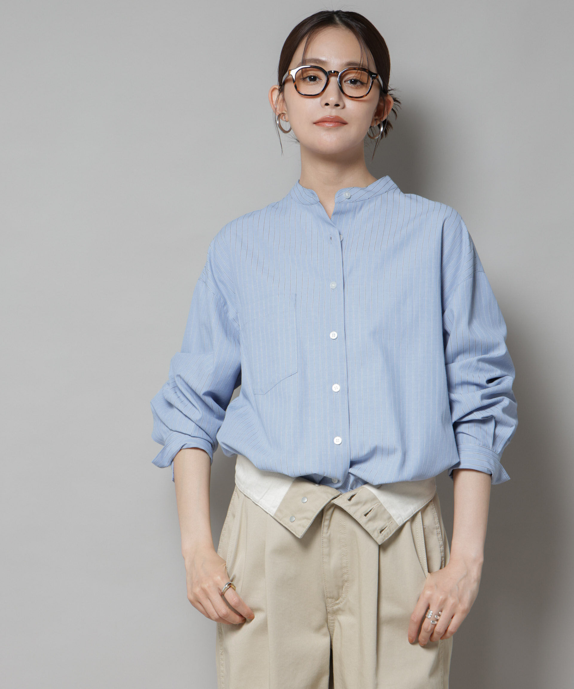 nano･universe「スタンドカラーストライプシャツ」|シャツ・ブラウス|ブルー