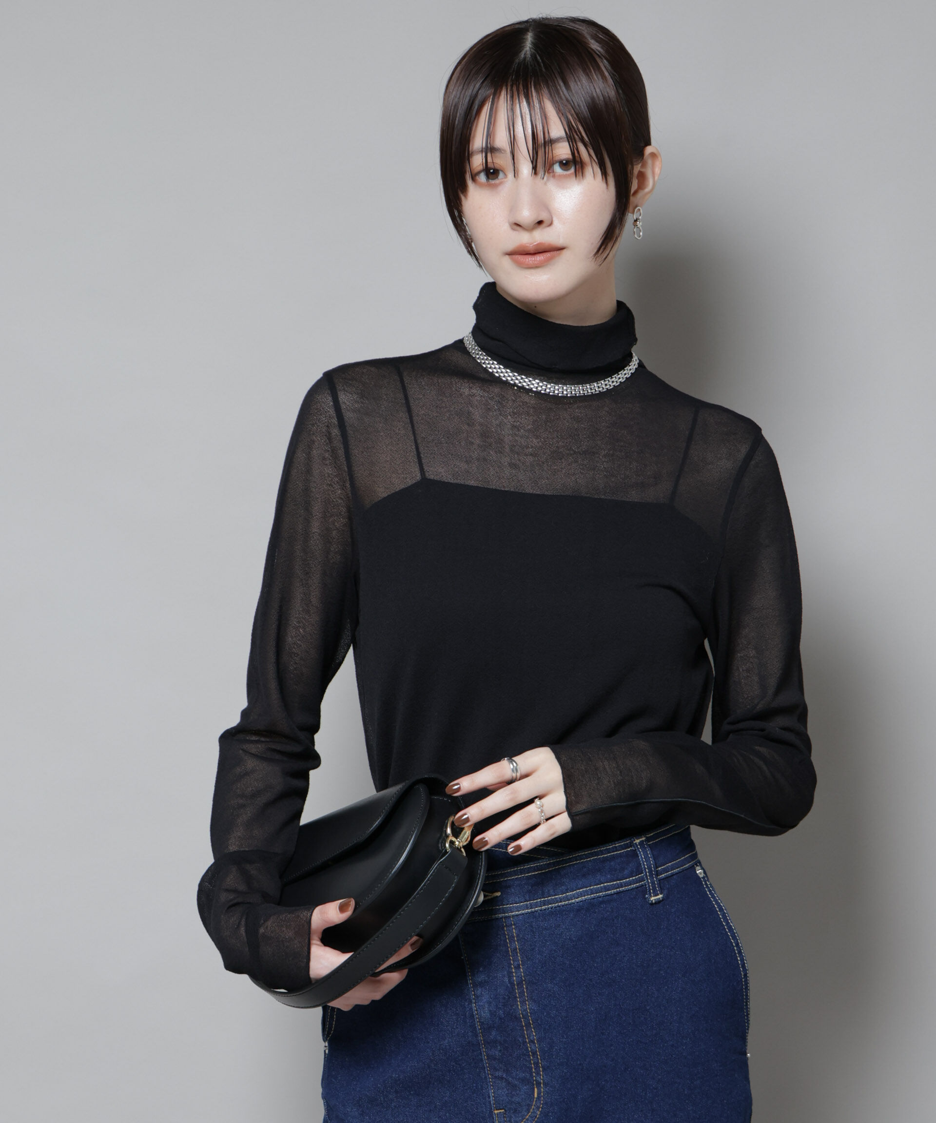 nano･universe「梨地シアータートルカットトップス」|Tシャツ・カットソー|ブラック