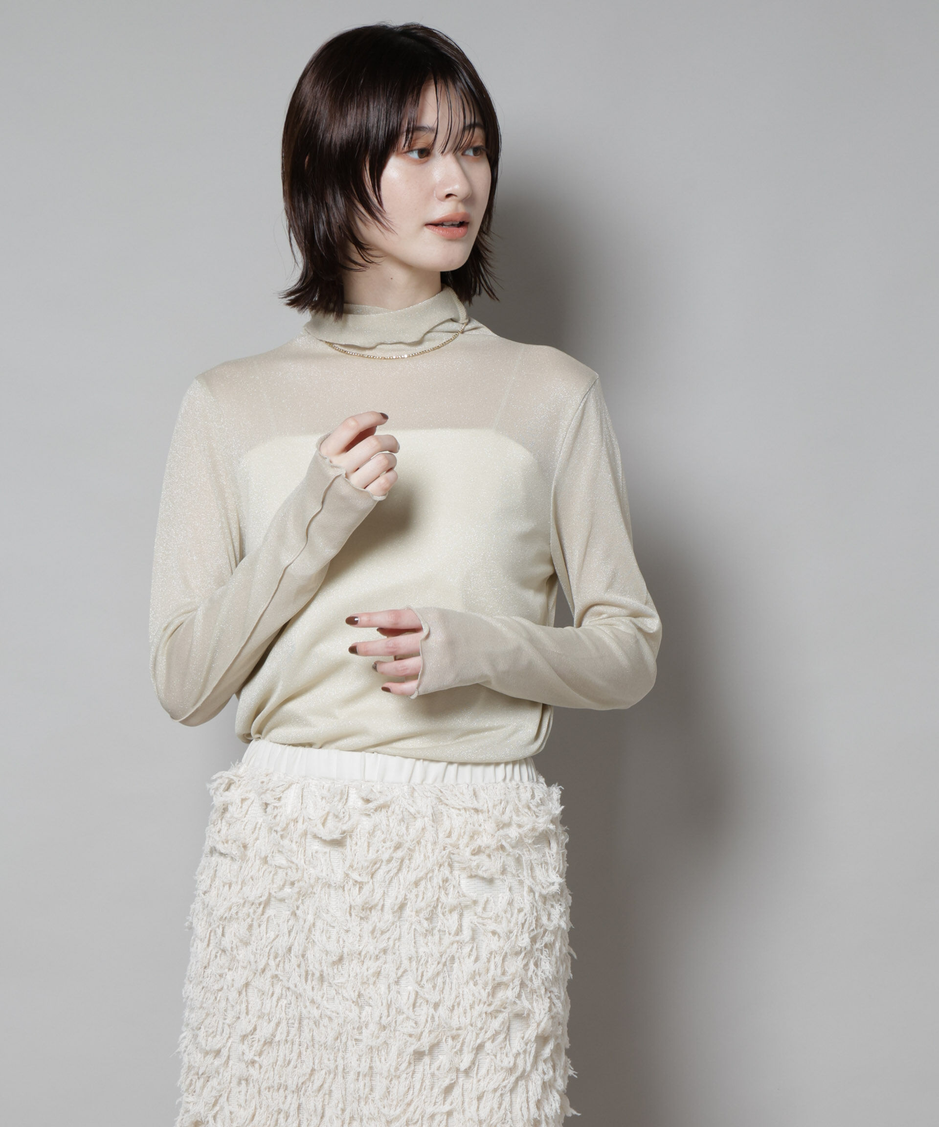 nano･universe「ラメシアータートルカットトップス」|Tシャツ・カットソー|ベージュ