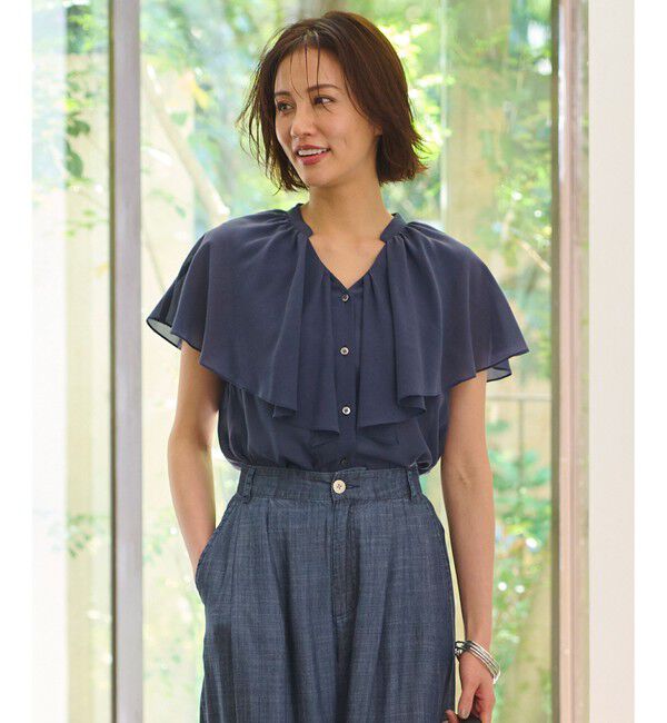 自由区「【洗える・XSサイズあり】キュプラコットンブロード ブラウス」|シャツ・ブラウス|ネイビー系