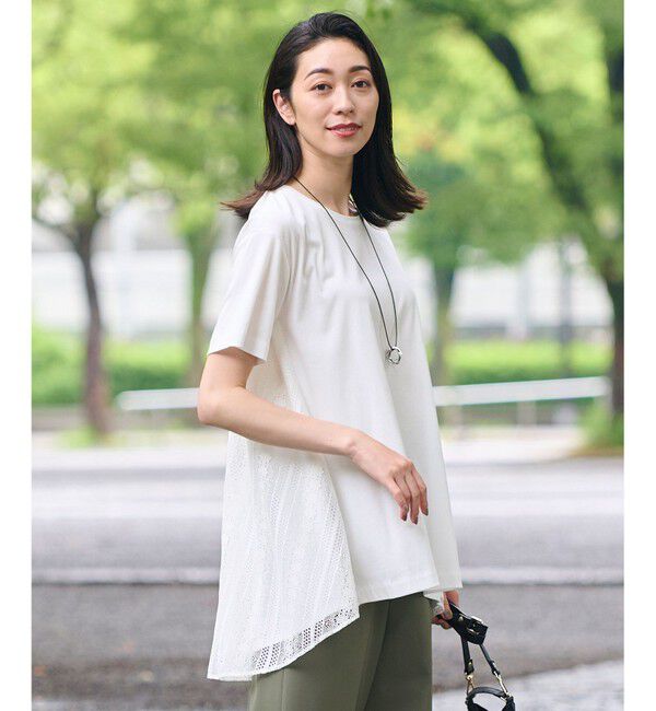 自由区「【WEB限定・洗える・XSサイズあり】レースコンビ カットソー」|Tシャツ・カットソー|アイボリー系