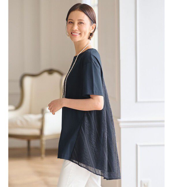 自由区「【WEB限定・洗える・XSサイズあり】レースコンビ カットソー」|Tシャツ・カットソー|ネイビー系