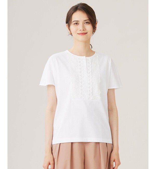 自由区「【洗える】コード刺繍胸元レース カットソー」|Tシャツ・カットソー|オフ