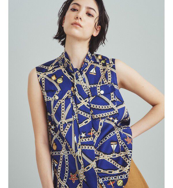  「チェーンマリンプリントノースリーブ」|シャツ・ブラウス|ネイビー