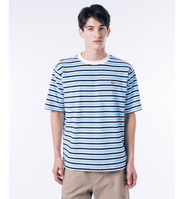 LACOSTE「オーバーサイズ ハイゲージパイル地ボーダー半袖Tシャツ」|Tシャツ・カットソー|ネイビー