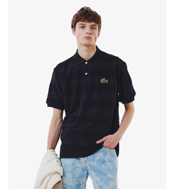 LACOSTE「パイル地切り替え同色ボーダーポロシャツ」|ポロシャツ|ブラック