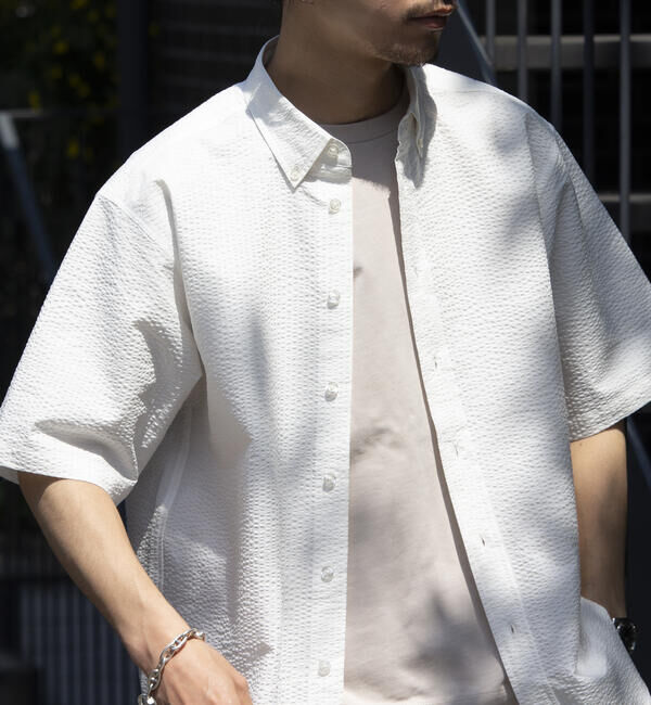 GLOSTER「【GLOSTER/グロスター】シアサッカー ボタンダウン半袖シャツ」|シャツ・ブラウス|ホワイト