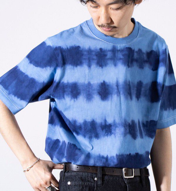 GLOSTER「【GLOSTER/グロスター】16/-綿天竺 タイダイ染め ボーダークルーネックTシャツ」|Tシャツ・カットソー|ブルー