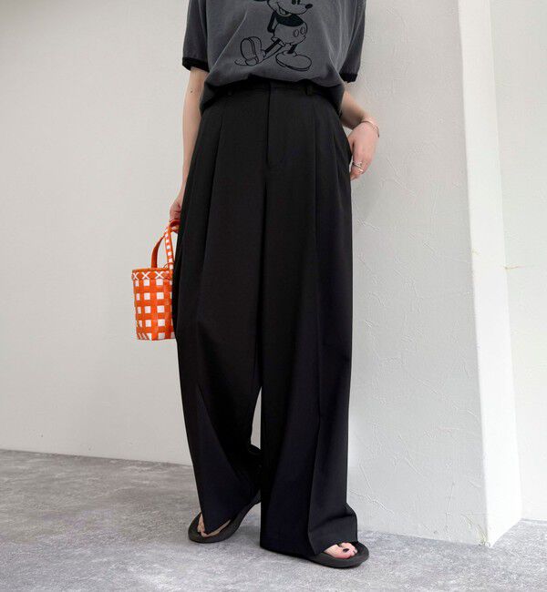 fredy emue「【吸水速乾/接触冷感/ウォッシャブル/防シワ加工】接触冷感タックスラックスパンツ」|スラックス|ブラック