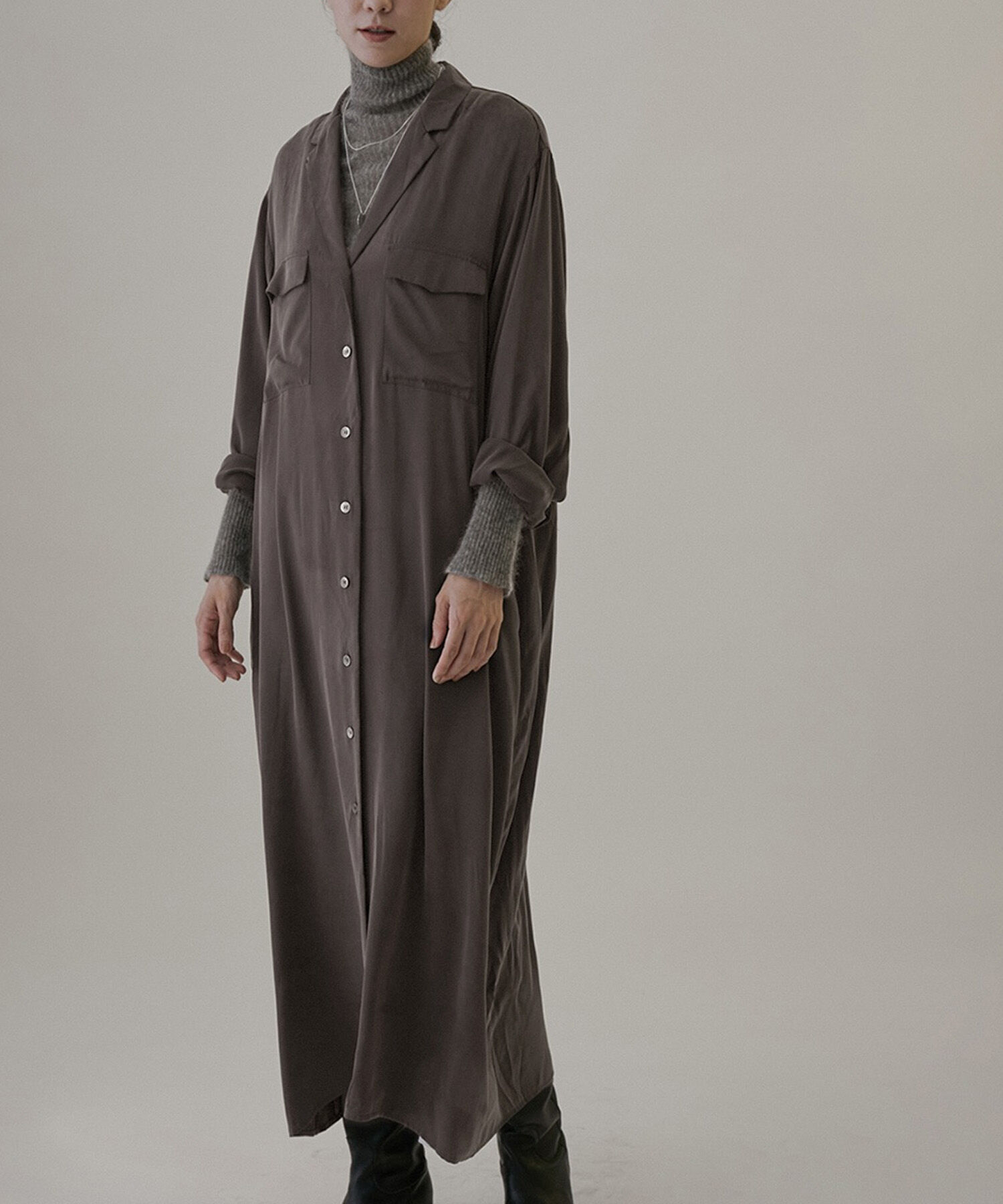 SALON adam et rope'「シルクシャツワンピース【セットアップ対応】【洗える】」|その他|チャコール(06)