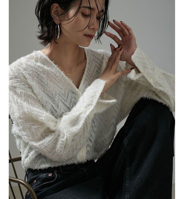 SALON adam et rope'「モンターニュジャガードVネックシャツ / シアーブラウス」|シャツ・ブラウス|オフホワイト(15)