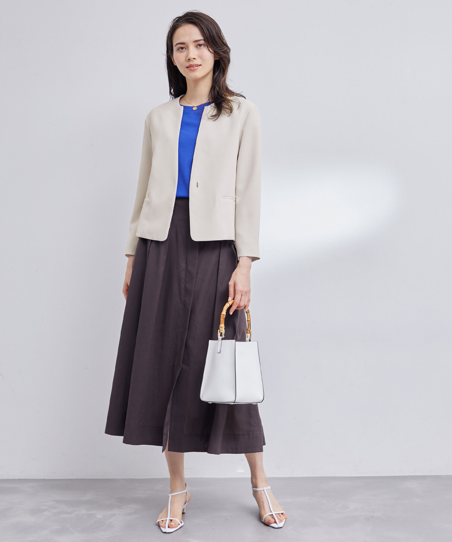 ROPE「【洗える】アセテートダブルクロス クルーネックジャケット/セレモニー・セットアップ対応」|ノーカラージャケット|